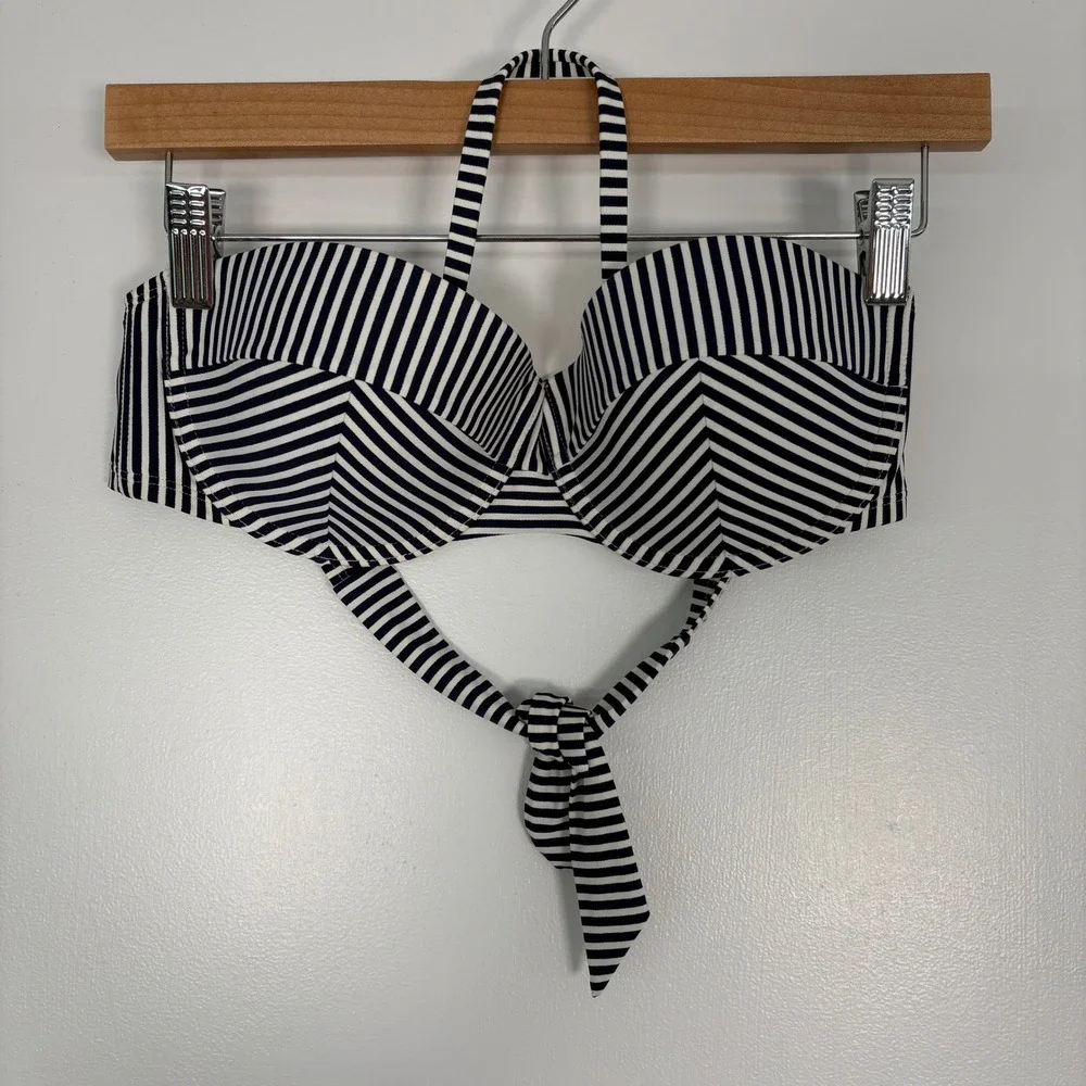 Tory Burch Womens Bikini Top L Blue White Stripe Underwire Halter‎ Bandeau